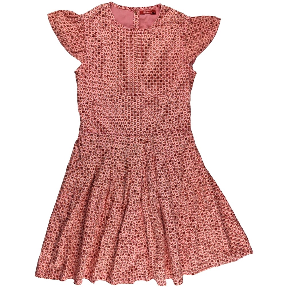 Oilily Girls Sz 12 Dress Pink Orange Cotton Yellow Back Tie Short Sleeve